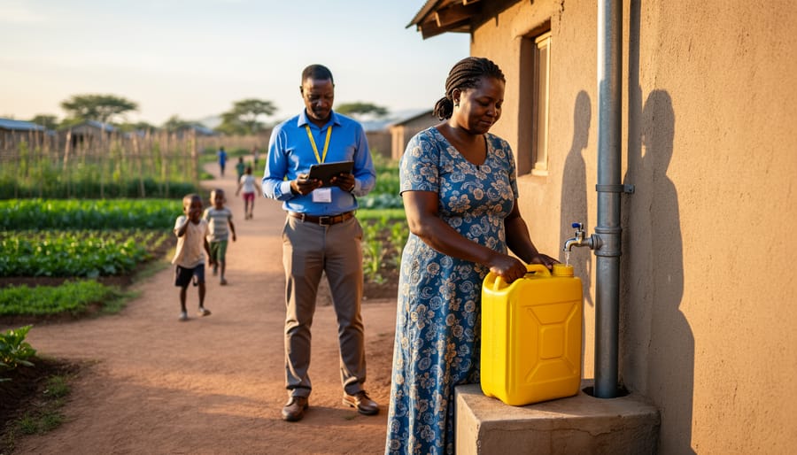 Kenyan woman fills a yellow jerrycan from a rainwater harvesting tap at her home while a microfinance officer with a tablet stands nearby; garden rows and children on a village path in soft focus.