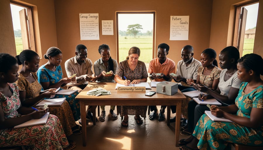 Women participating in community savings group meeting with shared funds