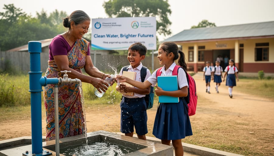 Young girl smiling while washing hands at community water tap