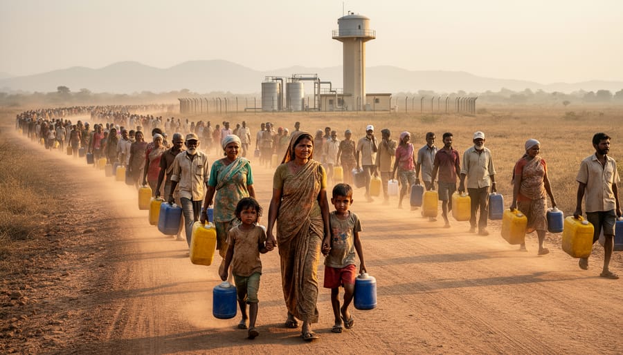 Woman carrying water bucket on dusty path in rural African village