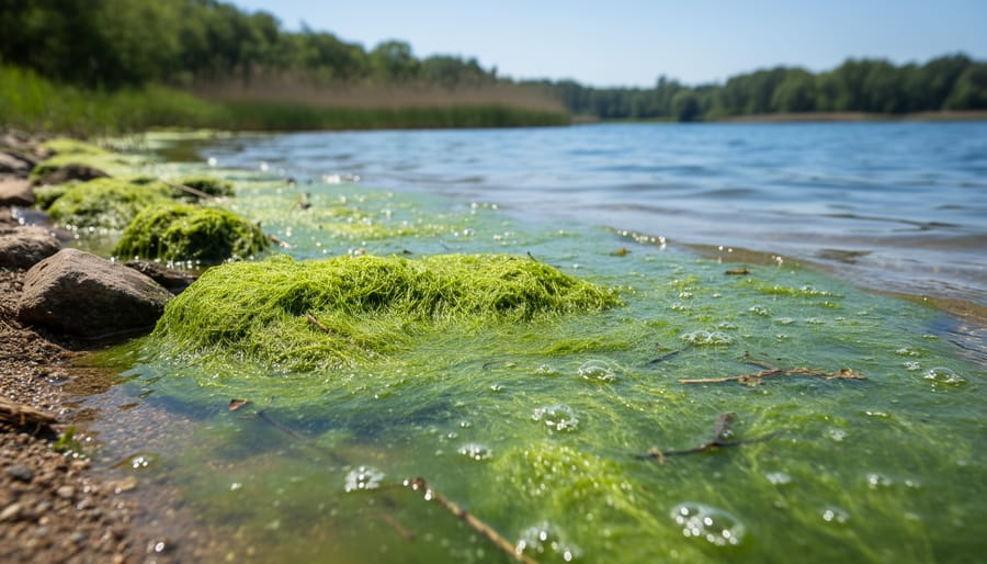 Green algal bloom covering shallow lake water near reeds