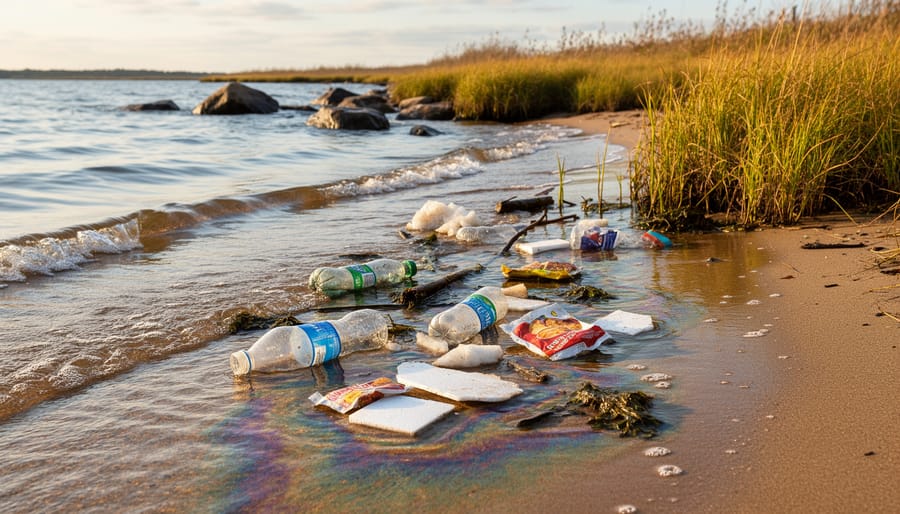 Polluted shoreline water with floating trash and an oily sheen near reeds