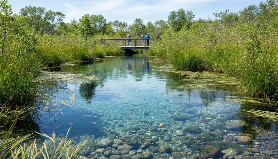Person silhouette near a clear river flowing through a restored wetland