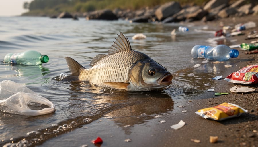 Close-up of a stressed fish near a polluted riverbank