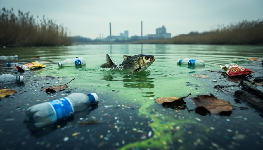 Low-angle view of a polluted river with dark stained water and floating plastic near the riverbank, with aquatic life affected beneath the surface.