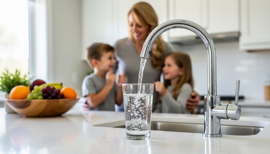 A household water filtration setup with a covered filter and clear water in a container