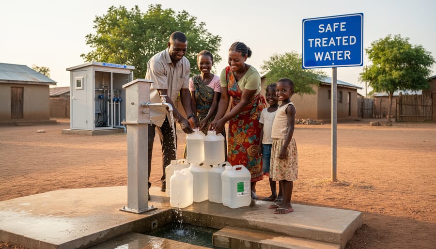 A mother and child filling clean water containers at a community tap