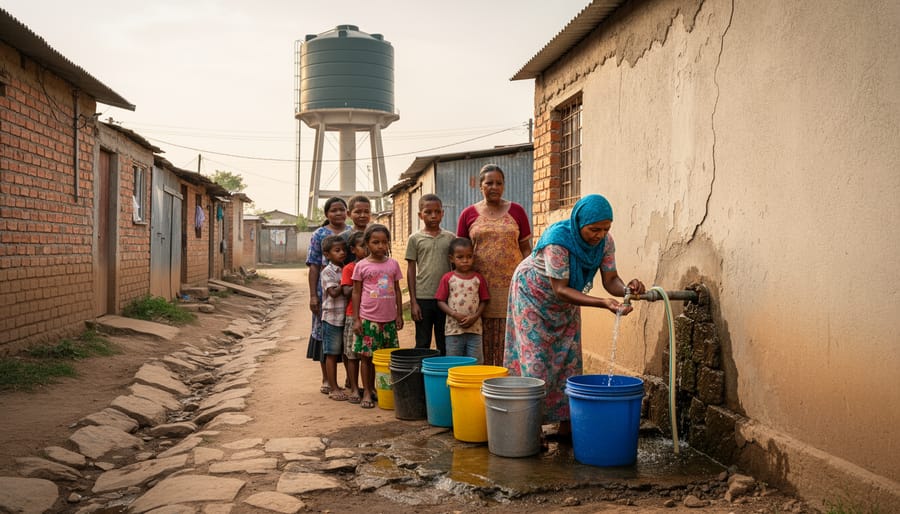 A standpipe and small water tank at a rural household water point.