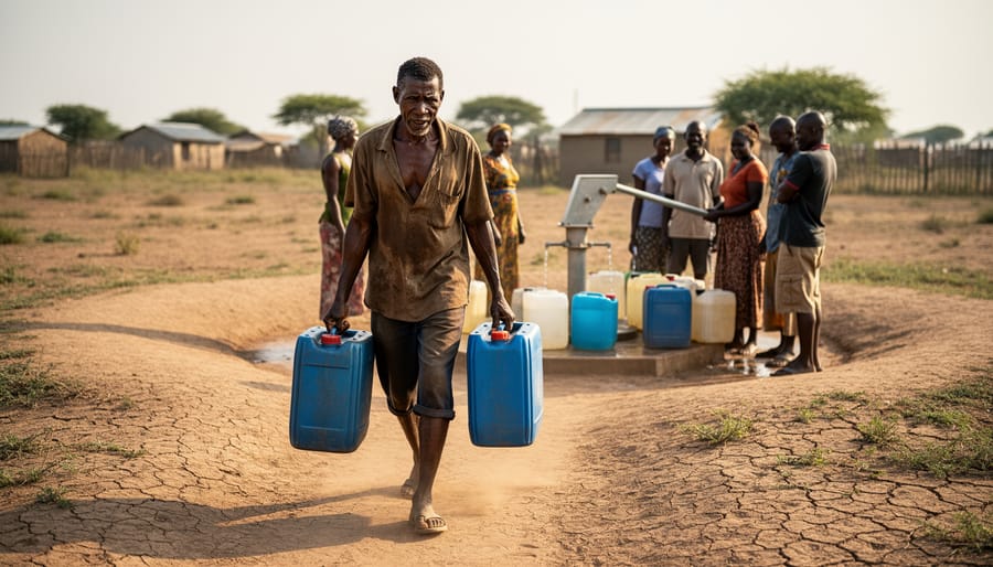 A woman carrying plastic water containers along a dusty path in her community.