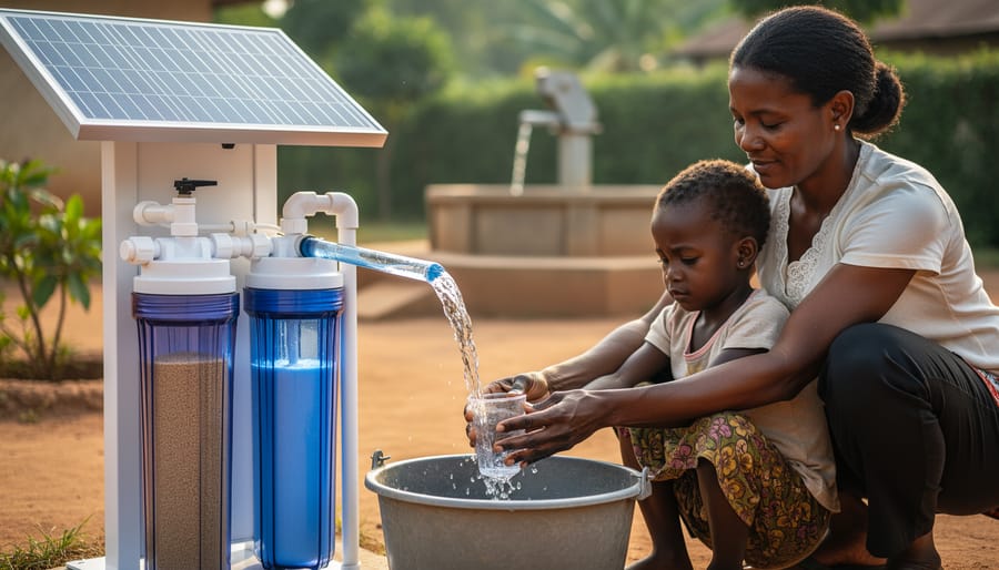 Caregiver and child beside a biosand filter and solar-powered water purification unit as clear water flows into a container in a rural community.