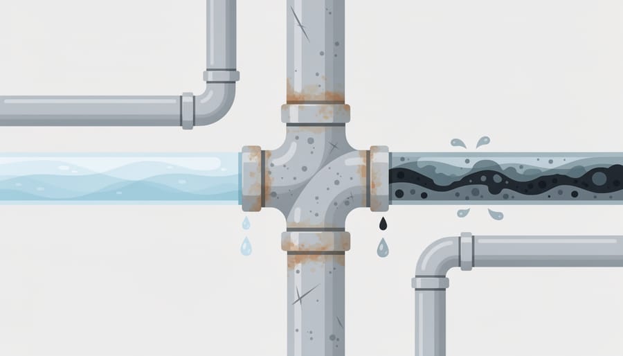 Close-up of an aged valve and pipes in a community water facility room.