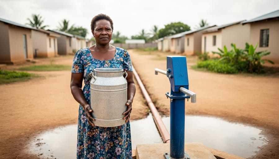 Woman holding a water container beside a hand pump and connected water pipe near simple homes, illustrating improved access to safe water in a community.