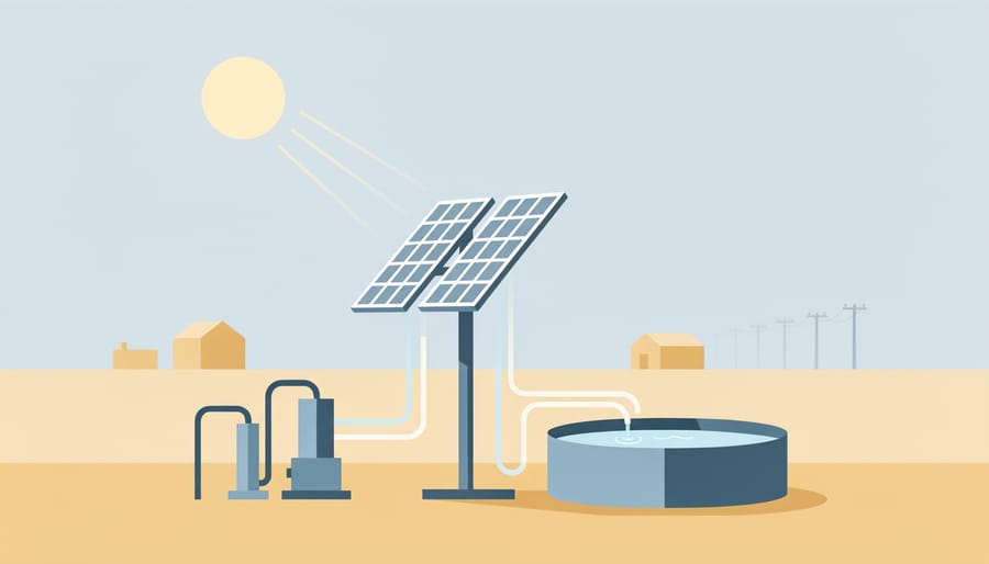 Solar panels and a water treatment unit outdoors near a courtyard water source