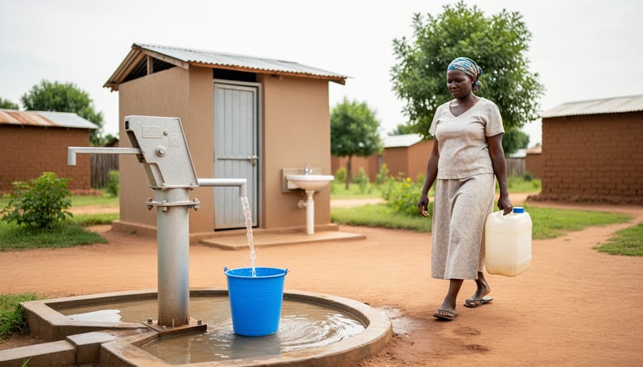 Woman walking with a water container toward a village hand pump, with a latrine shelter and handwashing area nearby in a rural community setting.