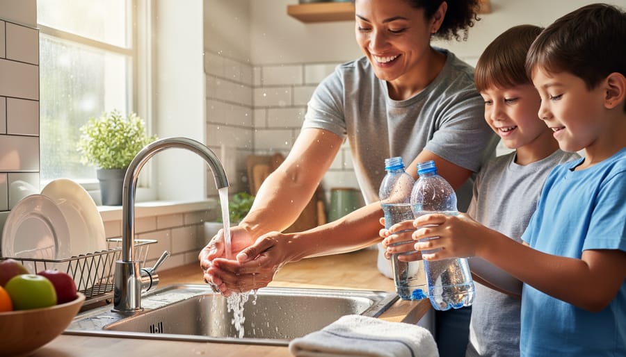 Woman and child using a newly installed water tap and washing hands in a rural courtyard