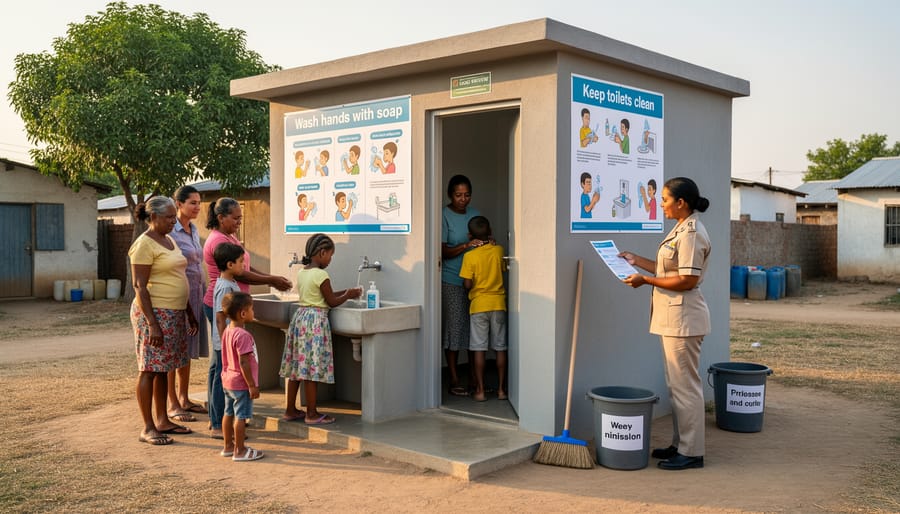 Woman walking toward a clean community latrine facility with other community members nearby