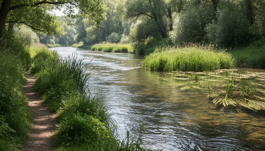 Clear surface water flowing through a restored wetland with native reeds and lush riverside vegetation under soft natural light.