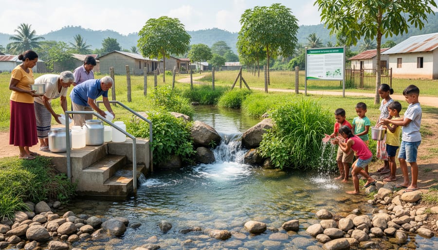 Women’s cooperative standing by a clean river while one person prepares a reusable water container