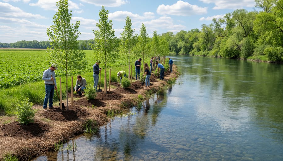 Close-up of hands planting young trees along a riverbank for riparian restoration